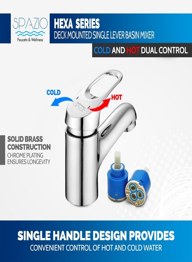SPAZIO خلاط حوض سبازيو هيكسا النحاسي ذو ذراع واحد، صنبور خلاط للماء الساخن والبارد لحوض الغسيل المثبت على سطح الطاولة، للحمام، بجسم بارتفاع 6 بوصات وخرطوم مضفر بطول 18 بوصة، صنبور خلاط حوض مطلي بالكروم - Image 3